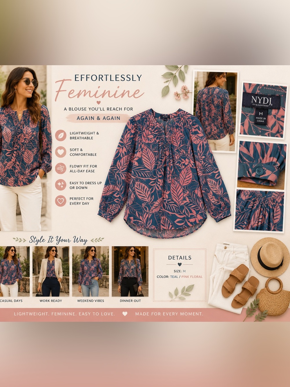 NYDJ Floral Print 3/4 Sleeve Blouse Pleated Tunic Top Teal Coral Size Medium